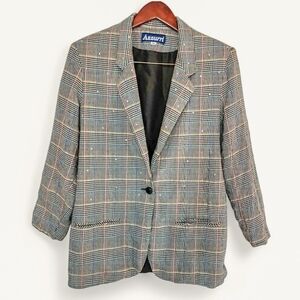 Vintage Azzurri Women's Blazer with Rhinestones & Plaid Pattern‎ – Size 14